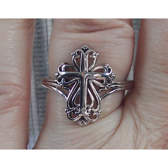 925 STERLING SILVER  Antique Style Dainty Cross Ring - Picture 14 of 16